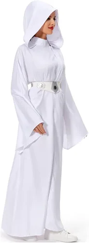 Vista 4 de Rodwake Disfraz de princesa Leia para mujer, vestido blanco con capucha, bata larga, traje clásico de lujo