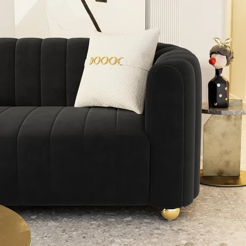 Vista 6 de Moderno juego de sofá de terciopelo negro de 3 piezas para sala de estar, juego de sofá curvado acolchado con patas de esfera de metal dorado