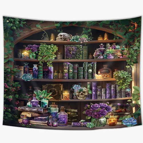 Vista 3 de SVBright Tapiz gótico de calavera de 59 pulgadas de ancho x 51 pulgadas de alto, estilo gótico, vintage, mago, negro, único, misterioso, fresco