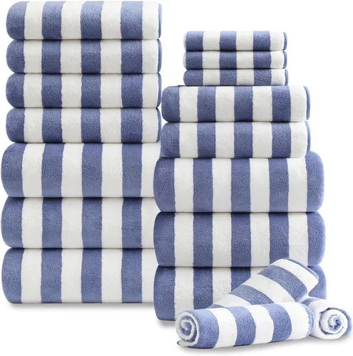 Vista 9 de Juego de 18 toallas de baño de rayas color blanco y negro con lazo para colgar, 6 toallas de baño, 6 toallas de mano, 6 toallas familiares, juego