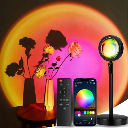 Vista 9 de JIMEI Lámpara de puesta de sol, proyector de luces LED para dormitorio, luz nocturna, luces RGB, luz solar, lámpara de amanecer, 10 W, rotación