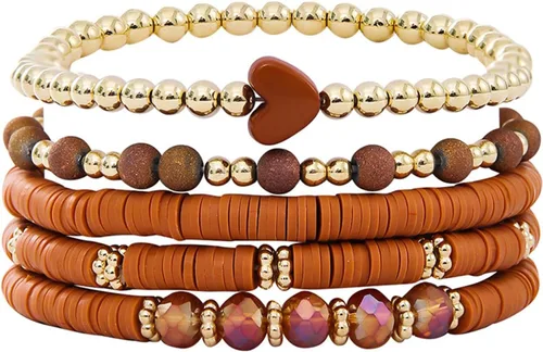 Vista 14 de Caiyao Juego de pulseras apilables de arcilla con corazón multicapa de Bohemia, pulseras elásticas con cuentas doradas de arcilla Heishi para Verde