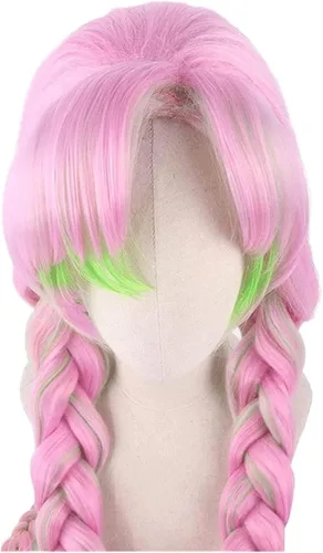 Vista 7 de BYOOTI Kanroji Mitsuri Cosplay Wig Kimetsu No Yaiba Costume Long Pink Mixed Green Braid Heat-resistant Fiber Hair Wigs + W