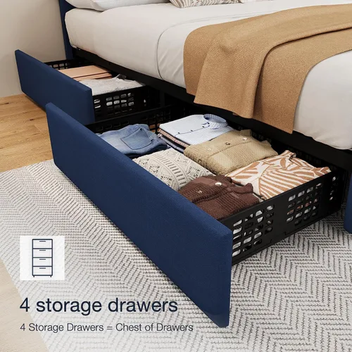Vista 4 de GarveeHome - Base de cama tamaño Full con 4 cajones de almacenamiento, base de cama tapizada en lino con plataforma y cabecera ajustable, diseño