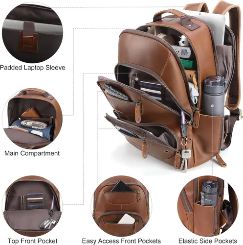 Vista 3 de TIDING Mochila de cuero para hombre para laptop de 16 pulgadas y 15.6 pulgadas, bolsa de trabajo vintage de viaje de negocios, mochila grande