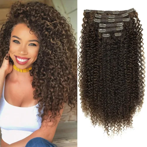 Vista 11 de Extensiones de cabello sintético con clip, extensiones de cabello sintético negro y rubio miel, extensiones de cabello rizado Jerry para mujeres