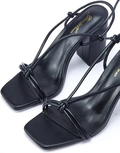 Vista 3 de GENSHUO Sandalias de punta cuadrada para mujer, con cordones, tacones altos y gruesos, sandalias de tiras con nudos, tacón de bloque de nudo