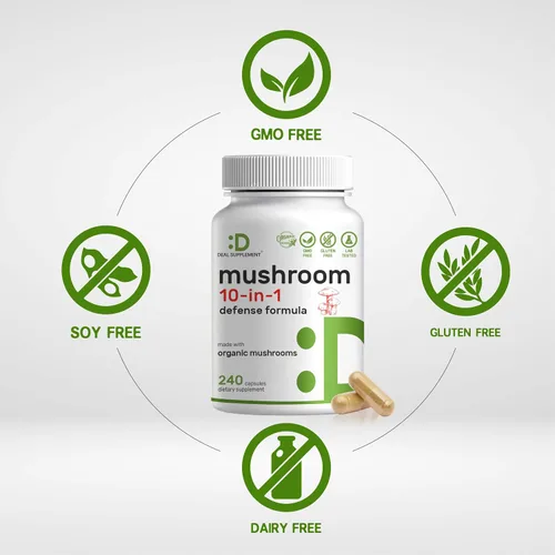 Vista 3 de Suplemento orgánico de hongos 10 en 1, 240 cápsulas – Melena de león, cola de pavo, reishi, cordyceps y más complejo de hongos – Apoyo inmunológico