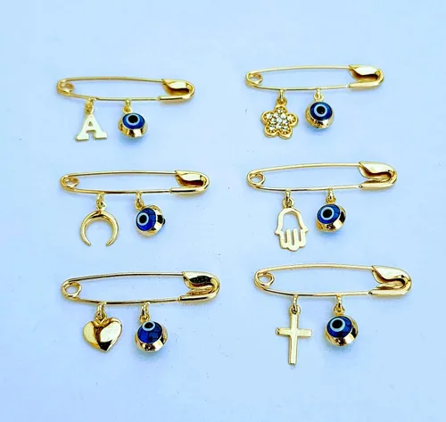 Vista 8 de 14k. Yellow Gold Baby Safety Pin Evil Eye & Initial Charms/Christening/Baptism/NOT Gold Filled NOT Gold Plated