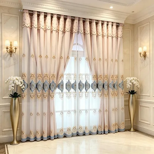 Vista 10 de Amidoudou 1 par de cortinas europeas de doble capa con cortinas transparentes para sala de estar, dormitorio, cortinas opacas bordadas de lujo Beige