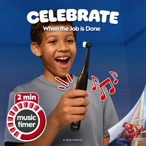 Vista 4 de Oral-B iO Kids Limitada Cepillo de dientes eléctrico recargable, Spiderman con 1 Cabezal de Cuidado Suave - Sensor Automático de Presión