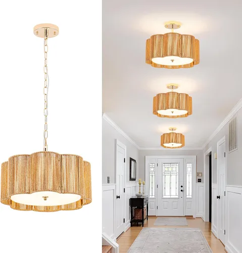 Vista 7 de ✿ Lámpara de Techo de Ratán Tejido a Mano de 13.8" con 3 Luces Montaje Empotrado Boho Negro para Dormitorio Pequeño y Guardería, Luz de Techo