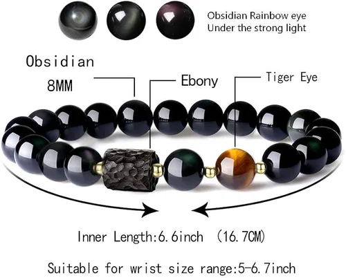 Vista 5 de L&C Feng Shui - Pulsera de riqueza de obsidiana negra Pulseras de cristal de obsidiana para mujeres y hombres, 0.315in, 0.394in, alivio natural
