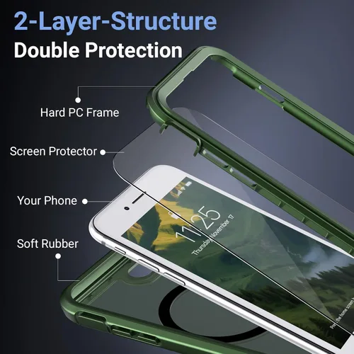 Vista 5 de Magnetic for iPhone SE 3rd&2nd Case with Screen Protector-Army Green