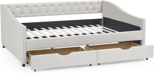 Vista 5 de Sofá cama tapizado de tamaño matrimonial con 2 cajones de almacenamiento, sofá cama con botones y brazos para uñas, color beige Completamente beige