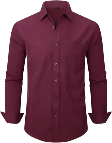 Vista 58 de corfty Camisa de vestir de manga larga para hombre, ajuste regular, elástica, sin arrugas, casual, con botones