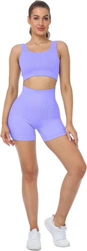 Vista 3 de LZYVOO Pantalones cortos de entrenamiento de 4 piezas para mujer, cintura alta, acanalados, sin costuras, pantalones cortos de ciclismo de elastano