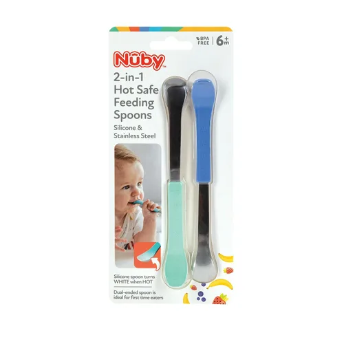 Vista 4 de Nuby Cucharas de alimentación seguras y calientes 2 en 1 (paquete de 8) cucharas para bebés de 6 meses en adelante, color azul y aguamarina