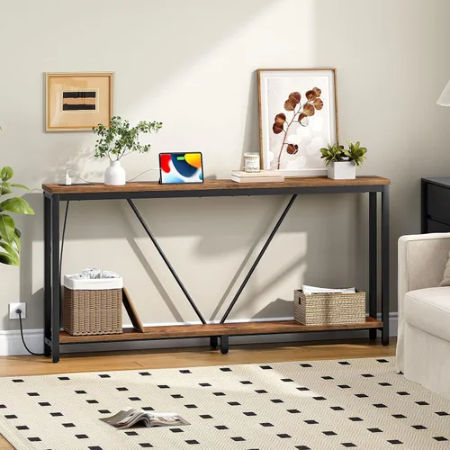 Vista 7 de HOOBRO Mesa consola de 63 pulgadas con estación de carga, mesa de sofá extra larga de 2 niveles con soporte en V, para espacio estrecho, mesa