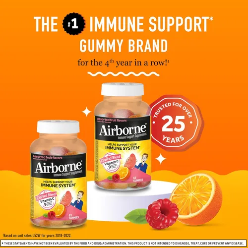 Vista 2 de Airborne 750mg Gomitas de vitamina C para adultos, gomitas de apoyo inmunológico con potentes antioxidantes, vitaminas C y E, sin cafeína - 2x63