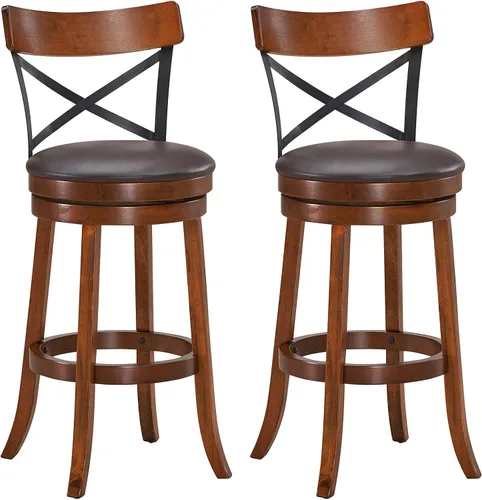 Vista 10 de COSTWAY Juego de 2 taburetes de bar giratorios de madera maciza de 360 grados con cojín suave y respaldo, taburetes de bar de cocina de 25 pulgadas