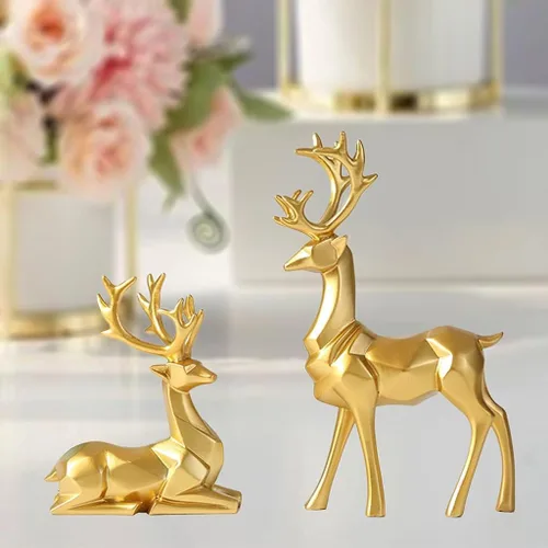 Vista 2 de 2 piezas de figuras de reno, estatuilla de ciervo, artesanía de animales, adorno de escritorio para decoración de mesa de fiesta de Navidad, dorado