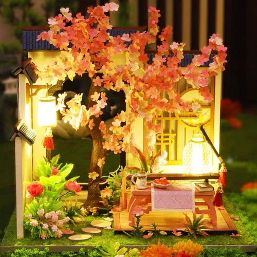 Vista 5 de Roroom Kit de casa de muñecas en miniatura y muebles, mini casa de muñecas de madera 3D, modelo artesanal estilo chino con cubierta a prueba