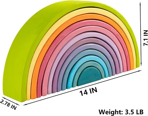 Vista 2 de Juguete apilable de madera de arco iris, apilador de 12 piezas, bloques de construcción de rompecabezas de anidación extragrandes, juguetes