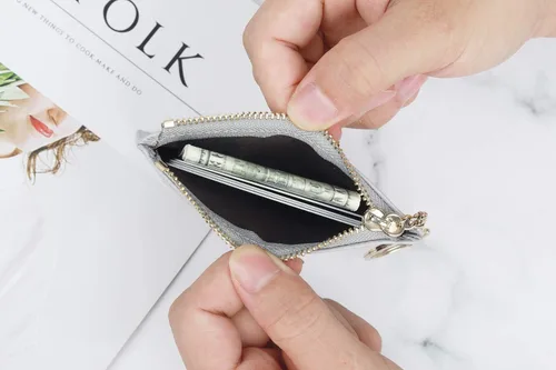 Vista 5 de Cartera pequeña de piel para mujer, con llavero, delgado, tarjetero, mini monedero con llavero.