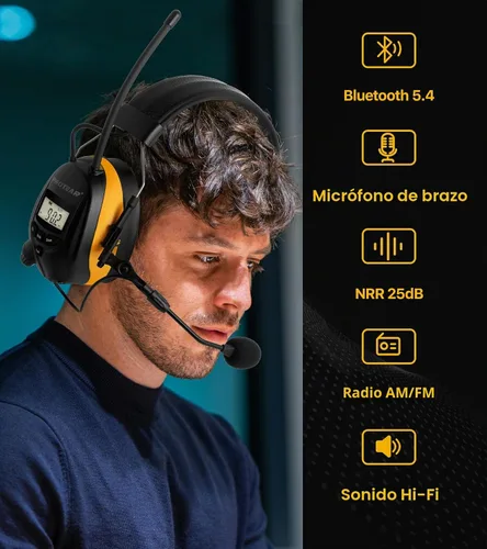 Vista 7 de AM FM Radio Hearing Protection Earmuff, Bluetooth 5.4, 30SNR Am/Fm + Bluetooth + Micrófono amarillo