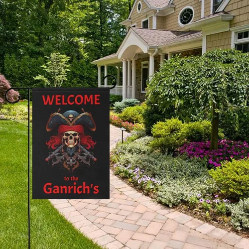 Vista 5 de Bandera de pirata de bienvenida personalizada con tu nombre, bandera de jardín de 12 x 18 pulgadas, bandera náutica de barco de doble cara, regalos