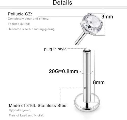 Vista 2 de Dyknasz 20G 18G 16G sin rosca Medusa piercing de acero quirúrgico labret joyería labret anillos labiales para mujeres y hombres, aretes de hélice