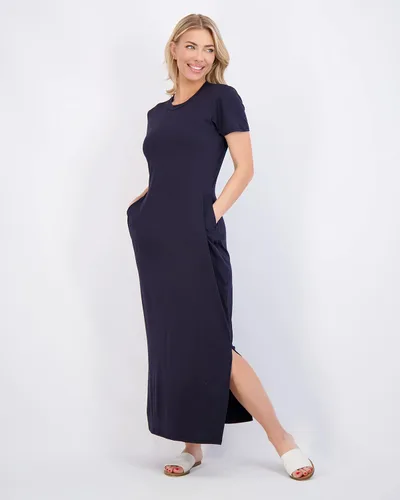 Vista 2 de Real Essentials Paquete de 3 Vestido largo casual de manga corta para mujer, vestido de verano con abertura y bolsillos