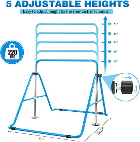 Vista 2 de Gymnastics Bar for Kids, Folding Gymnastic Horizontal Bars with Adjustable Height, Expandable Junior Training Bar for Home