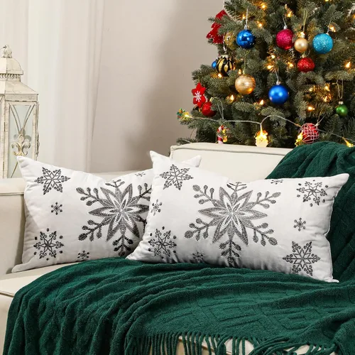 Vista 9 de Lewondr - Fundas de almohada navideñas con copo de nieve de 20 x 20 pulgadas, color blanco y amarillo Velvet Texture, Exquisite Embroidery