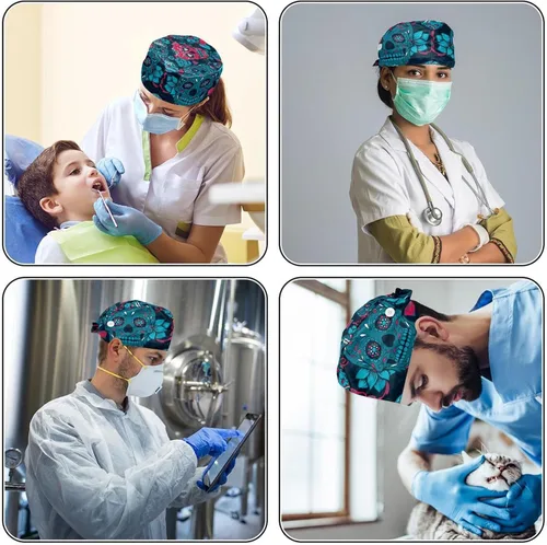 Vista 4 de 2 paquetes de gorro de trabajo con diseño de calavera encantadora con botones y banda para el sudor