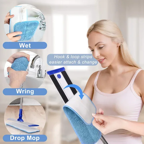 Vista 4 de Sistema de limpieza profesional de piso de microfibra de 18 pulgadas, trapeador plano con mango de acero inoxidable, 4 almohadillas lavables