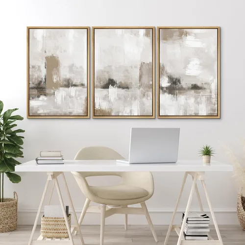 Vista 422 de SIGNFORD - Set de obras de arte en lienzo enmarcado para pared, ilustraciones abstractas de neblina del desierto en tonos neutros beige y marrón