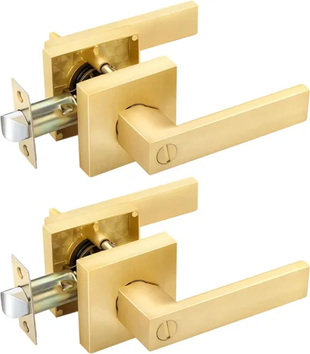 Vista 19 de EHOMEWARE - Juego de manijas de puerta delantera doble de latón, manija de puerta de latón cuadrado resistente en oro y cerradura de un solo