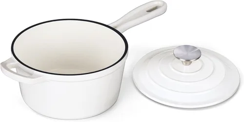 Vista 27 de Onader Sartén de hierro fundido esmaltado, cacerola pequeña de 1 cuarto de galón con tapa, olla de hierro fundido, horno holandés esmaltado, Blanco