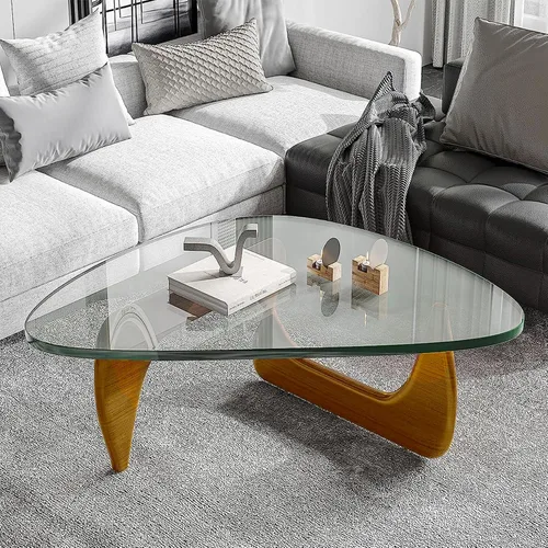 Vista 3 de Mesa de Centro Triangular con Base de Madera, Superficie de Vidrio Transparente, Mesa de Vidrio de Mediados de Siglo, Mesa Auxiliar Abstracta