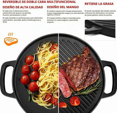 Vista 3 de GGC Plancha reversible de hierro fundido para estufa, sartén redonda de 12