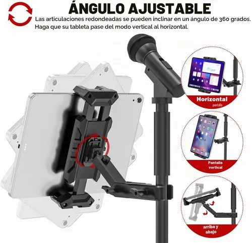 Vista 3 de Soporte para iPad para soporte de micrófono, soporte de música para tableta con abrazadera en C para soporte de partituras, soporte de teléfono