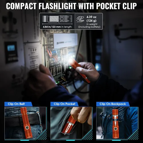 Vista 3 de Linternas tácticas recargables, linterna LED USB-C mini pequeña de alto lúmen, linterna EDC compacta, 4 modos y función de memoria, luces de Naranja