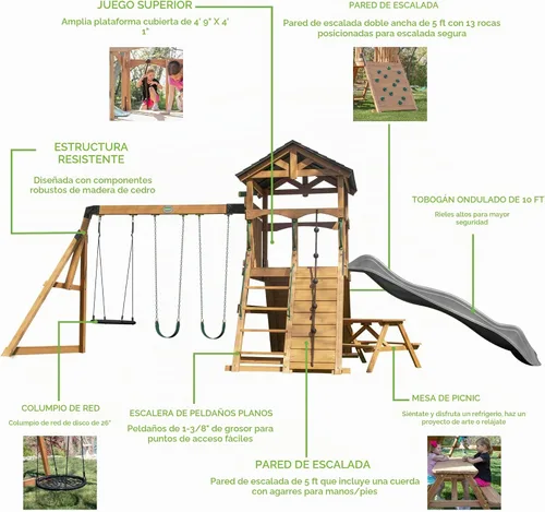 Vista 4 de Backyard Discovery Endeavor II Set de columpios de madera de cedro con tobogán ondulado, plataforma de juego, doble pared de escalada, mesa