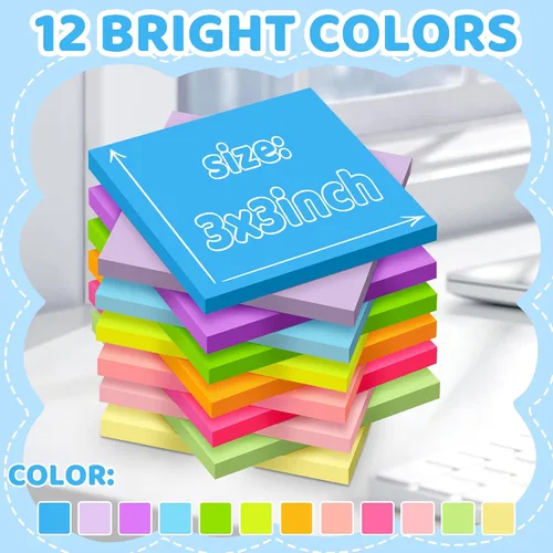 Vista 2 de (24 blocs) Notas adhesivas de 3 x 3 pulgadas, 12 colores brillantes, autoadhesivas, adhesivo fuerte, fácil de pegar para casa, oficina, cuaderno