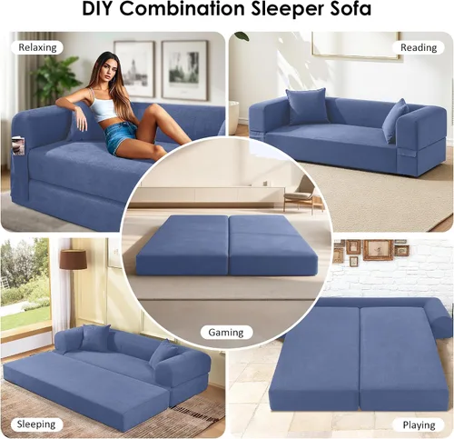 Vista 8 de Sofá cama convertible de 80 pulgadas, sofá cama plegable de pana 3 en 1 con almohadas, sofá moderno sin hueso, sofá de compresión en caja, sofá