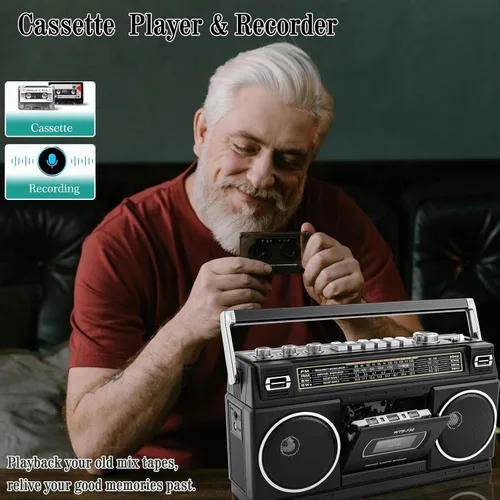 Vista 5 de Boombox portátil estilo retro clásico de los años 80 con reproductor grabador de casete, radio AM/FM/SW1/SW2, Bluetooth, ranuras USB/Micro SD