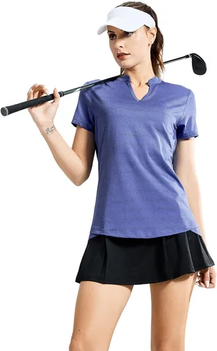 Vista 5 de MIER Polo de golf para mujer, sin cuello, UPF 50+, manga corta, para tenis, correr, cuello en V