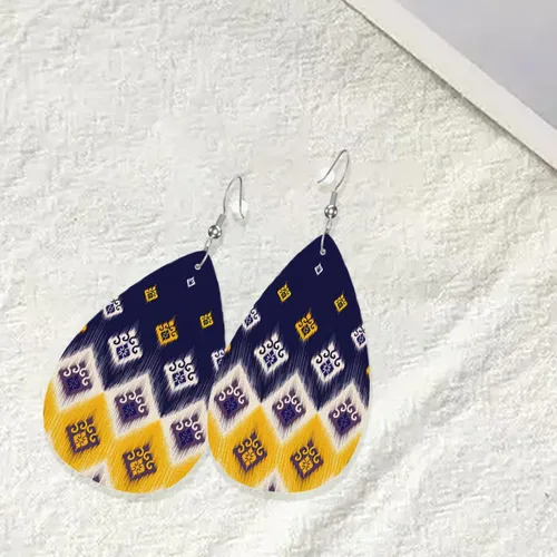 Vista 6 de Aretes de lágrima de cuero azul y amarillo para mujer, coloridos aretes colgantes ligeros de doble impresión para mujeres y niñas, joyería de moda